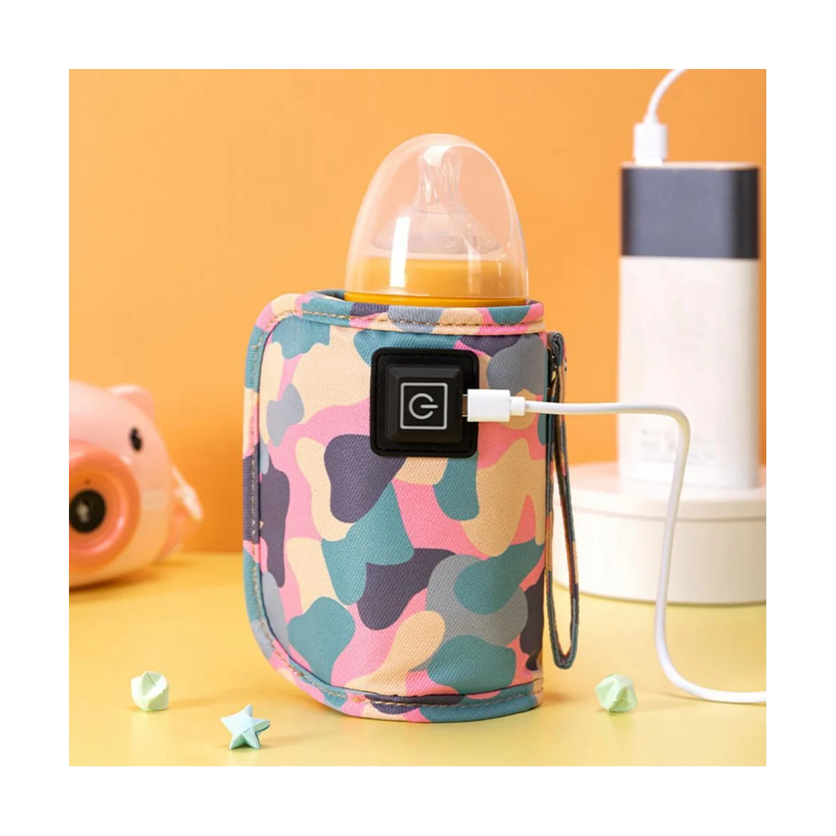 Universal USB Milk Water Warmer Travel Stroller Insulated Bag Portable Baby Nursing Bottle Heater Camouflage-Pink